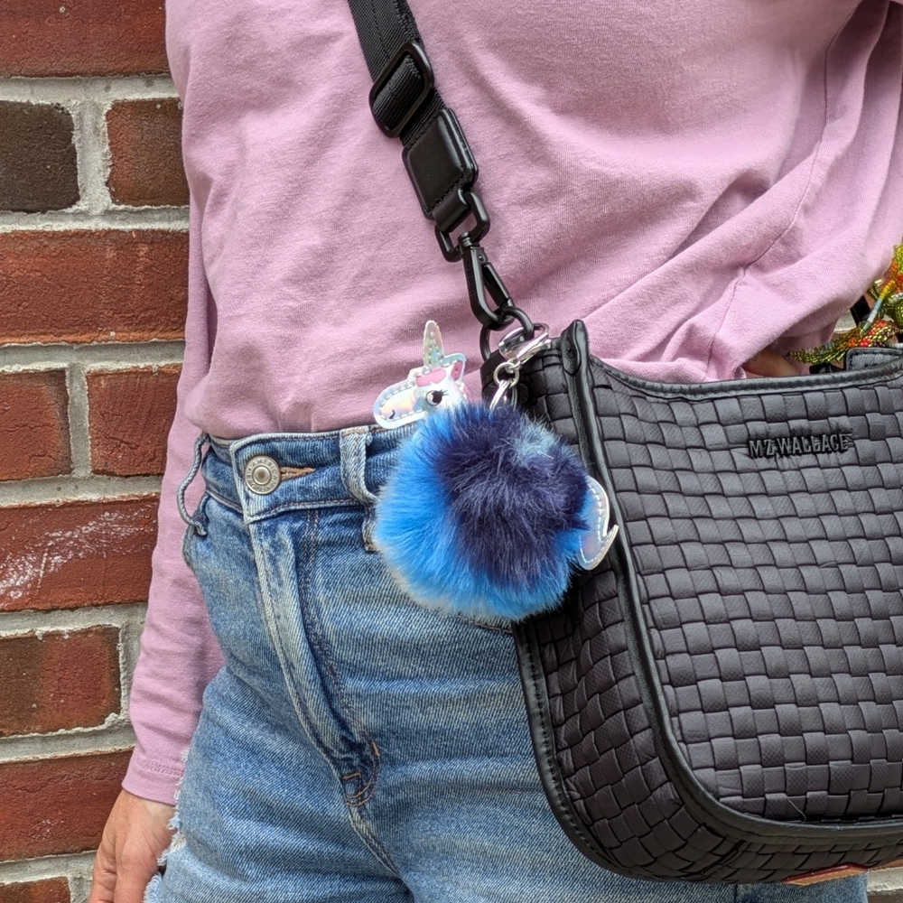 Unicorn PomPom Silver Keychain, Bag Charm, Blue & Green, Gift Girls & Kids